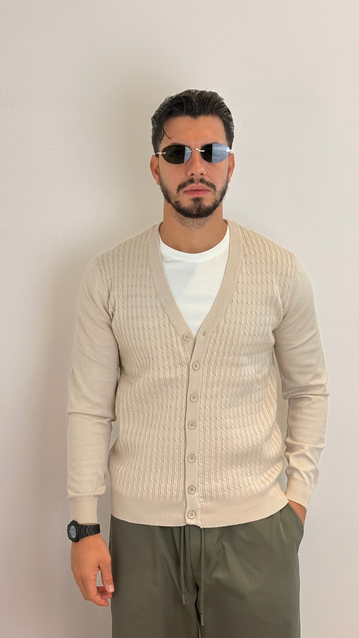 Cardigan Uomo Beige Panna a Trecce – Eleganza e Stile Raffinato